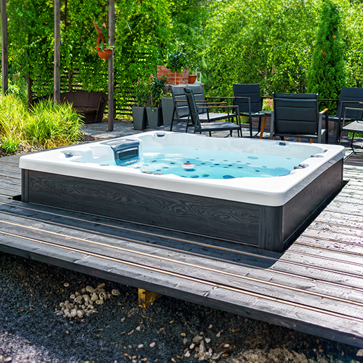Outdoor spa on wooden deck