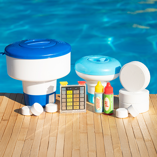 Pool maintenance supplies on deck